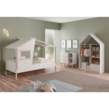 Cama Cabaña Luba para Dormitorio Juvenil Estilo Nórdico-Moderno Madera Pino Natural Blanco, 215'4 Cm