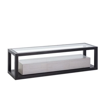 Mueble TV Diseño Moderno Cristal Madera de Cedro Negro/Natural con Pátina Gris, 160 Cm