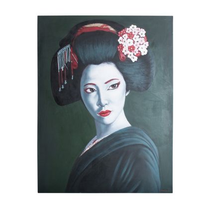 Cuadro Geisha Mirando Negro /Plata  Lienzo,140 Cm