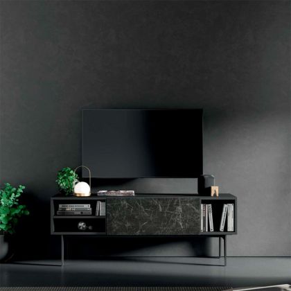 Mueble TV de Diseño Estilo Moderno Porcelánico Negro 1 Puerta 1 Cajones, 150'1 Cm