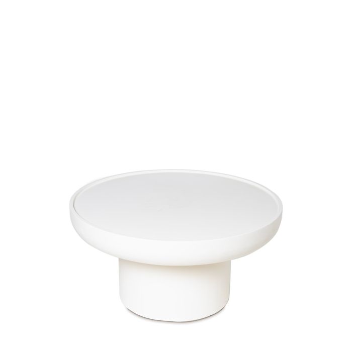 Mesa de centro diseño moderno redonda en madera de mango en tono cemento blanco.
