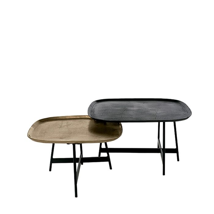 Set de 2 mesas de centro estilo moderno en aluminio negro, dorado y hierro negro.