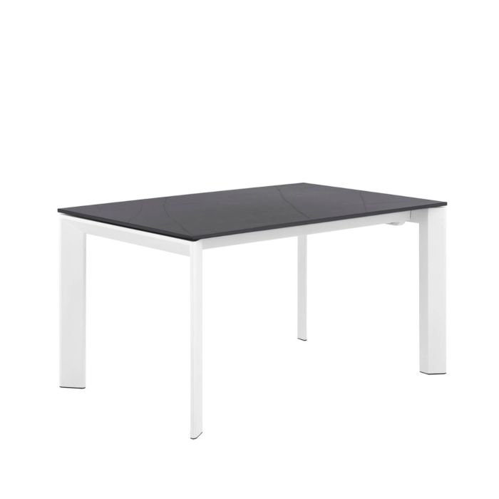 Mesa de comedor extensible diseño moderno en porcelánico negro, cristal templado y acero blanco.