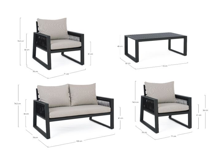 Set Sofá Cojines Tejido Gris Cuerda Aluminio Negro