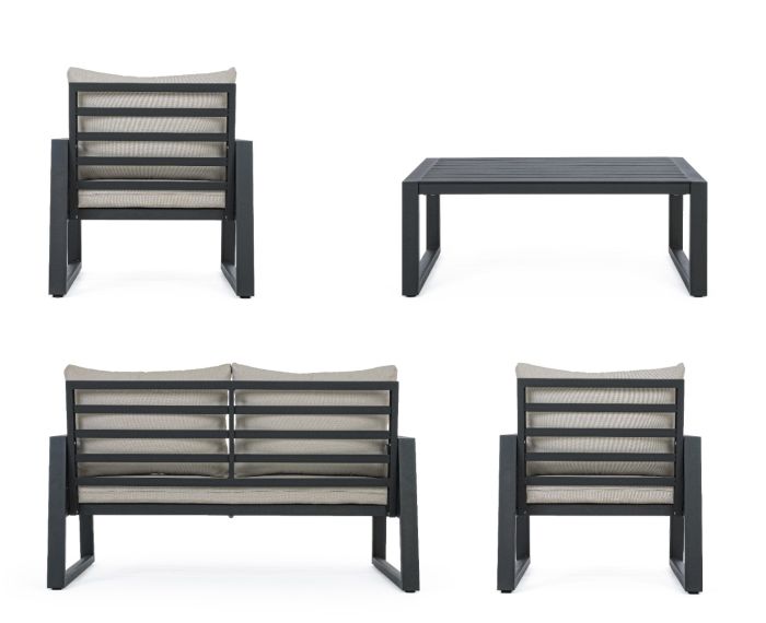 Set Sofá Cojines Tejido Gris Cuerda Aluminio Negro
