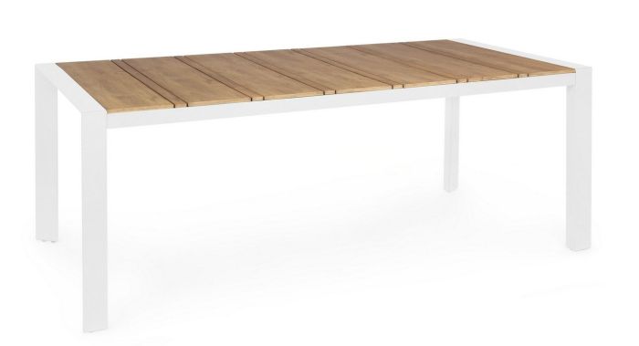 Mesa Jardín Elias Estilo Moderno Aluminio Blanco Polywood Color Madera Teca, 198 Cm