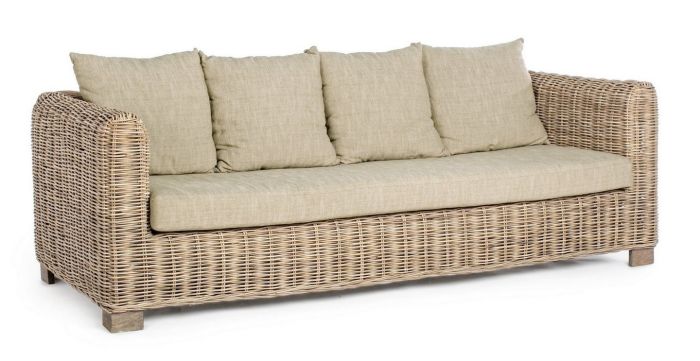 Sofá Jardín 3 Plazas Fortaleza Estilo Tropical Ratán Madera Mango, 210 Cm