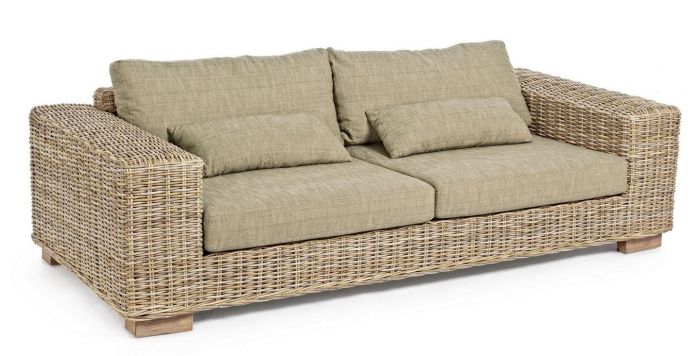 Sofá Jardín Leandro 3-4 Plazas Estilo Tropical Ratán Trenzado Madera Mango, 220 Cm