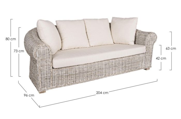 Sofá 3 Plazas Con Cojines Ratán Madera Mango, 204 Cm
