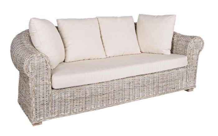 Sofá Coba 3 Plazas Con Cojines Estilo Tropical Ratán Madera Mango, 204 Cm