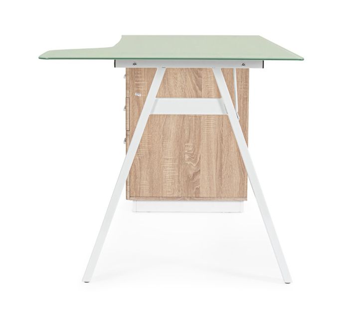 Mesa Escritorio 3 Cajones Vidrio Templado Acero Blanco Natural, 150'5 Cm