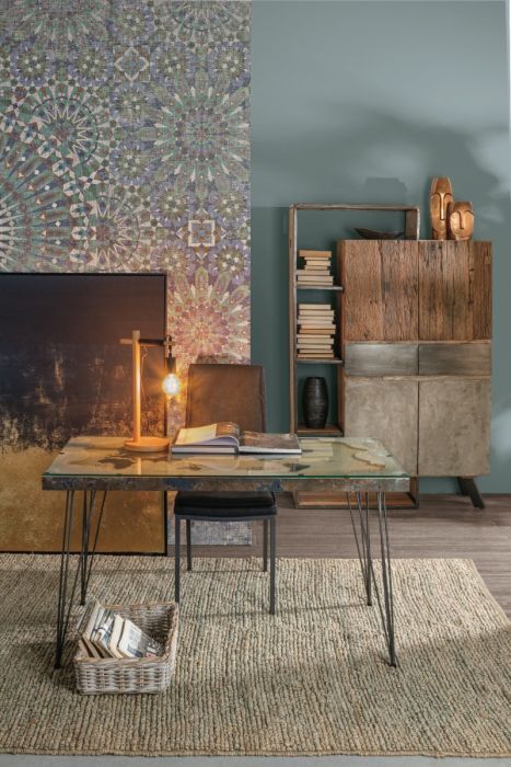 Mesa Escritorio Mapa Mundo Metal Envejecido Vidrio, 130 Cm