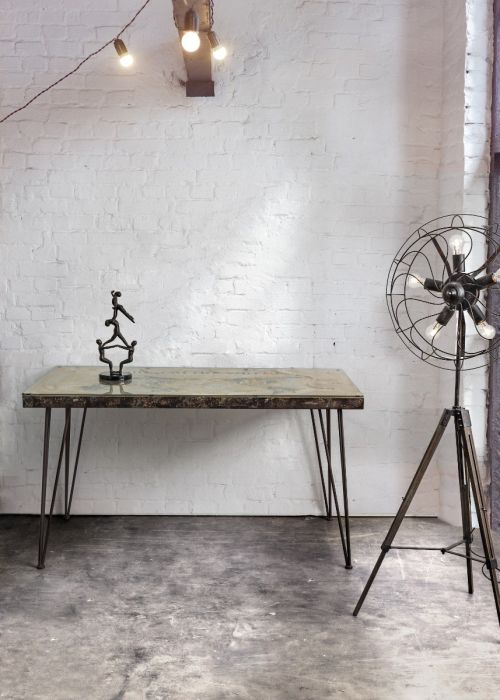 Mesa Escritorio Mapa Mundo Metal Envejecido Vidrio, 130 Cm