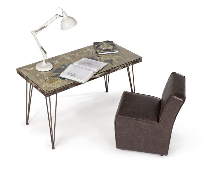 Mesa Escritorio Mapa Mundo Metal Envejecido Vidrio, 130 Cm