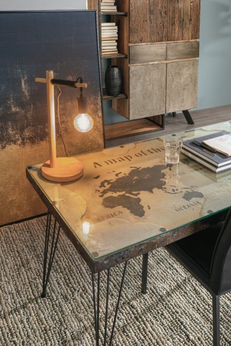 Mesa Escritorio Mapa Mundo Metal Envejecido Vidrio, 130 Cm