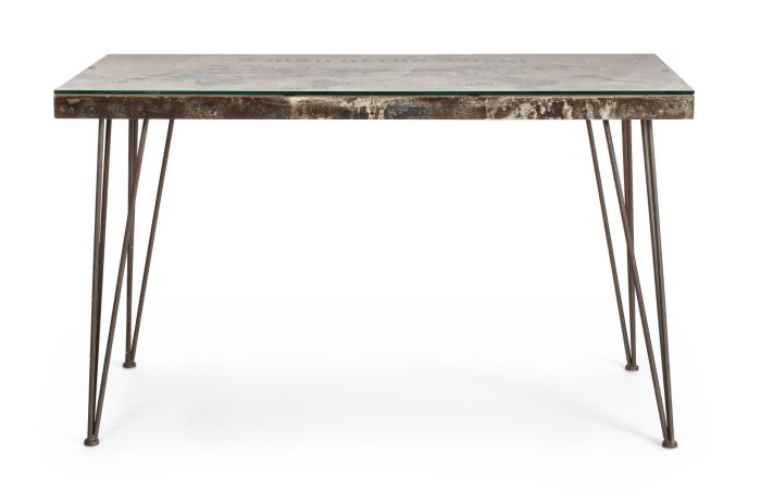 Mesa Escritorio Atlantide Mapa Mundo Metal Envejecido Vidrio, 130 Cm