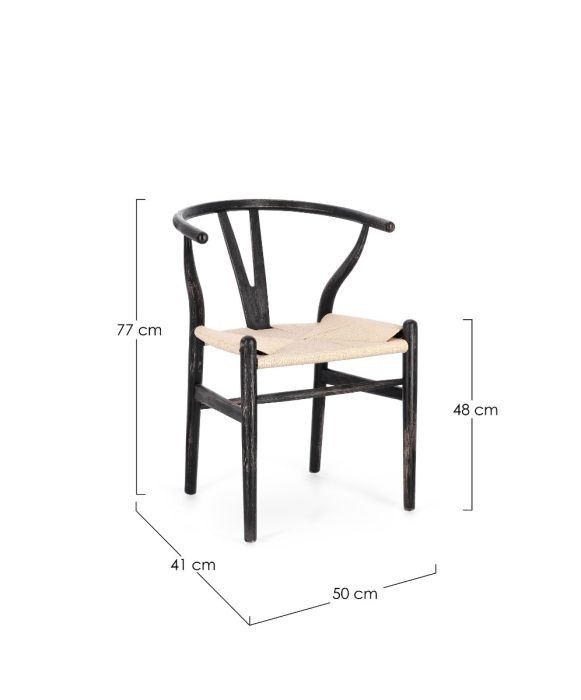 Silla Comedor Cuerda Madera de Haya Natural Negro, 50 Cm