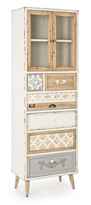 Vitrina Aurelie 2 Puertas 7 Cajones Estilo Vintage Madera Abeto Acero Blanco/Gris/Natural, 60 Cm