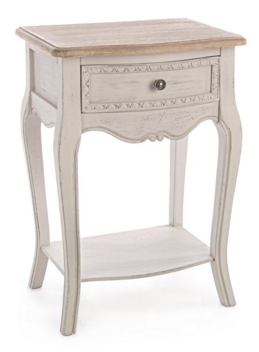 Mesita de Noche 1 Cajón Color Beige Estilo Vintage Madera Paulownia Acero, 40 Cm