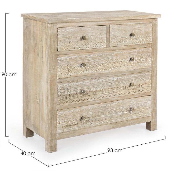 Cajonera Mango  5 Cajones Tallado Blanqueado, 93 Cm