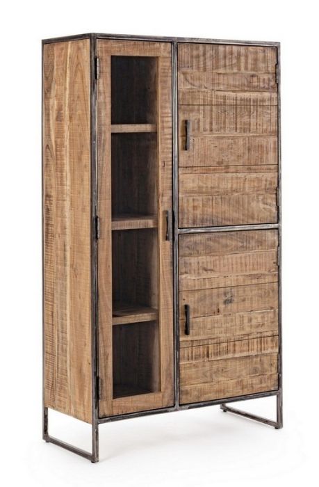 Gabinete con Vitrina Elmer 3 Puertas Estilo Industrial Madera Acacia Acero, 90 Cm