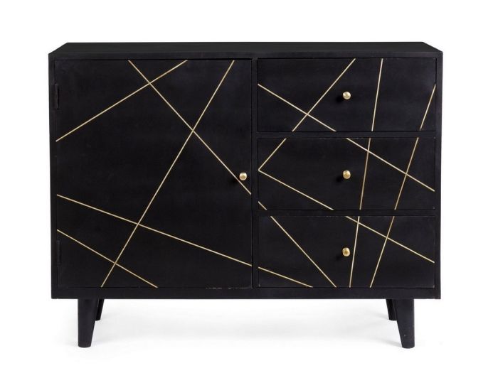 Aparador Líneas Estilo Art Decó Madera Mango Negro Dorado, 105 Cm