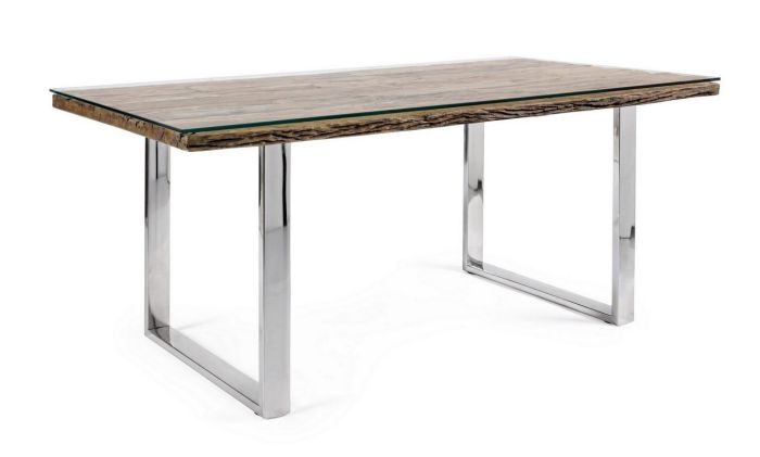 Mesa Comedor C V Stanton Estilo Moderno Vidrio Madera Reciclada Acero, 180 Cm