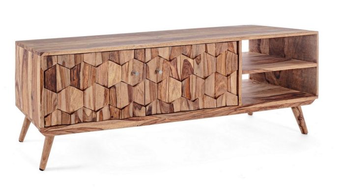 Mueble TV Kant 2 Puertas Geométricas Estilo Vintage Madera Sheesham Acero, 145 Cm