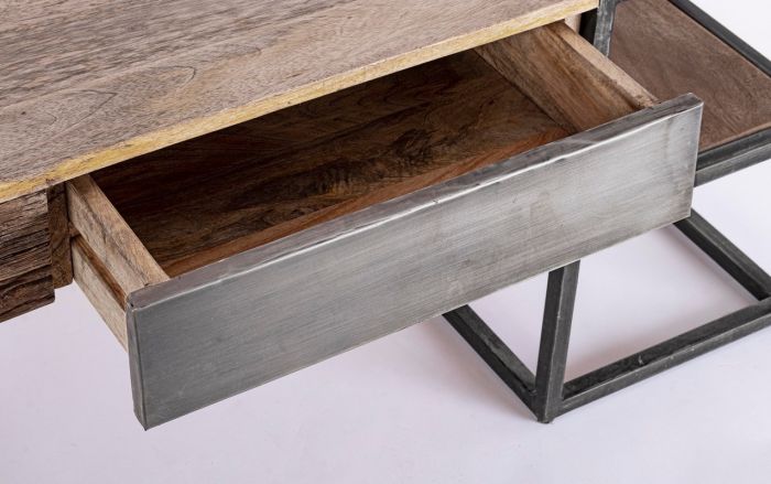 Mesa Centro 2 Cajones Madera Mango Madera Reciclada Acero, 118 Cm
