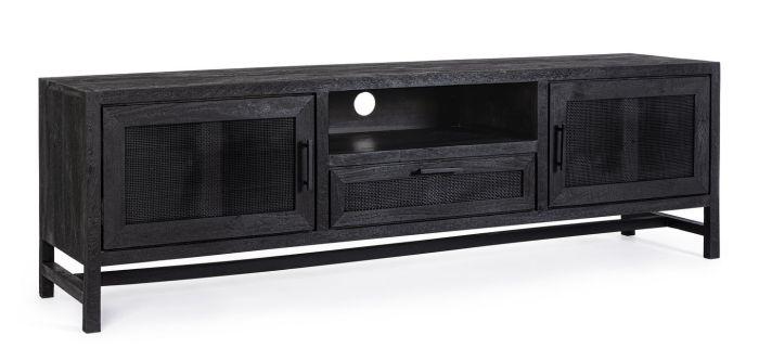 Mueble TV Weston 2 Puertas 1 Cajón Estilo Tropical Madera Mango Negro, 180 Cm