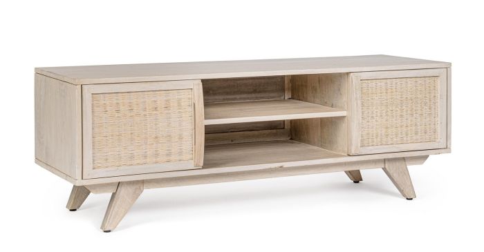 Mueble TV Sahana 2 Puertas Estilo Étnico Ratán Madera Mango, 128 Cm