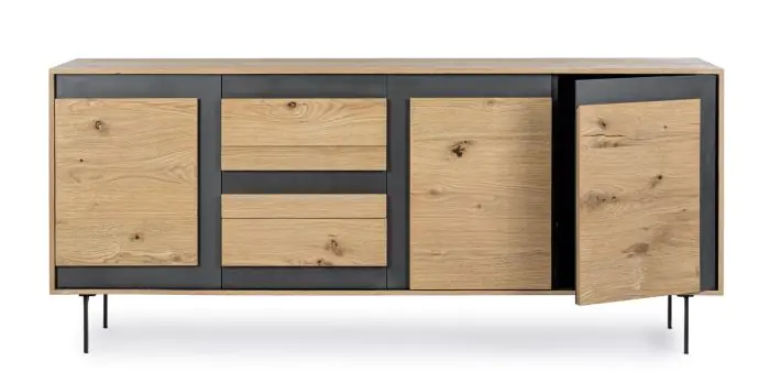 Aparador 3 Puertas 3 Cajones Roble Natural Negro, 200 Cm