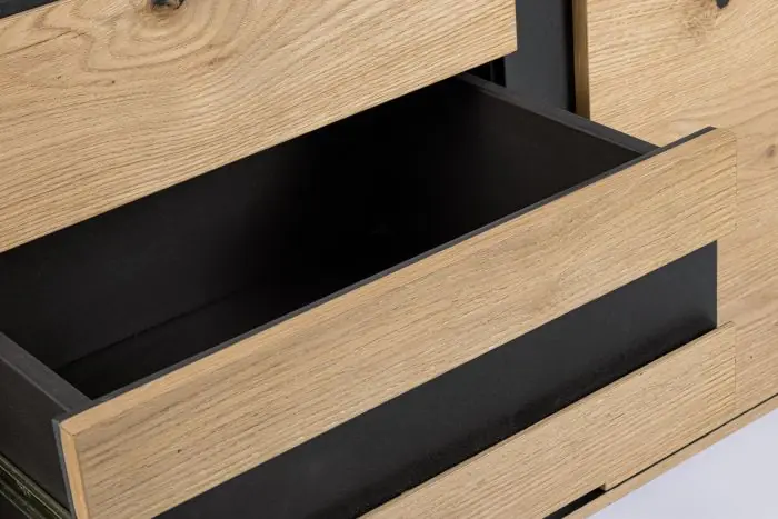 Aparador 3 Puertas 3 Cajones Roble Natural Negro, 200 Cm