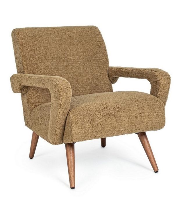 Sillón Berna Estilo Vintage Tejido Marrón Efecto Lana Madera Pino, 65 Cm