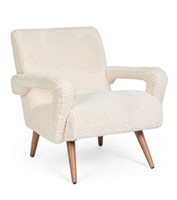 Sillón Berna Estilo Vintage Tejido Blanco Efecto Lana Madera Pino, 65 Cm