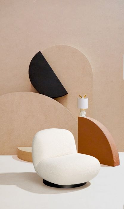 Sillón Giratorio Tejido Efecto Bouclé Blanco Acero, 81 Cm