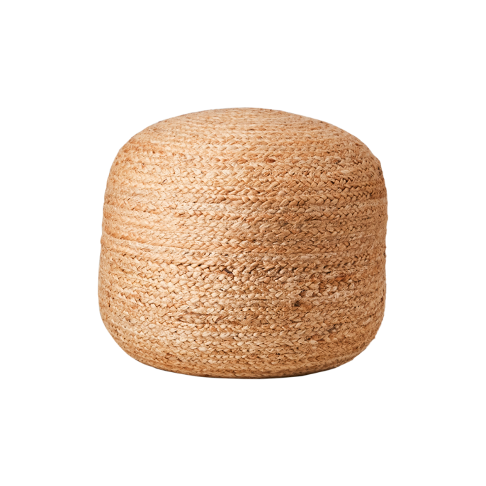 Puff tropical tejido a mano en yute natural.