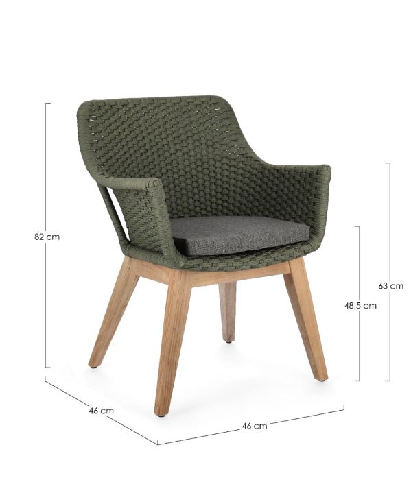 Silla con Cojín Cuerda Madera Teca Verde, 46 Cm