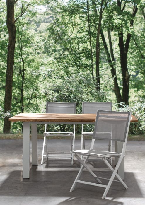 Mesa Comedor Jardín Blanco Natural Acacia Acero, 160 x 90 Cm