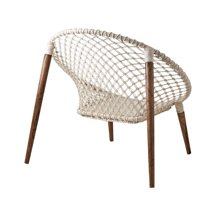 Sillón Blanco Marfil Macramé Algodón Hierro Madera Teca, 90 Cm