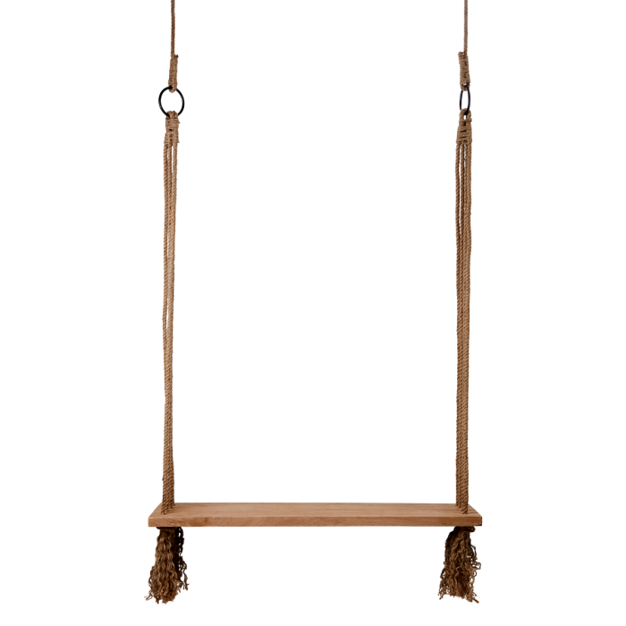Silla hamaca étnica en madera de mango marrón claro con cuerdas de yute y anillas de hierro.