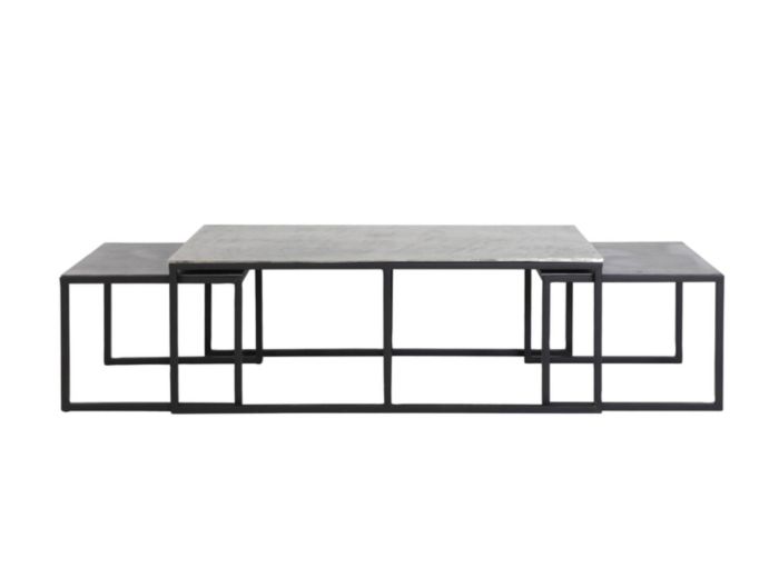 Set de 3 mesas de centro industrial moderno en metal plomo antiguo.