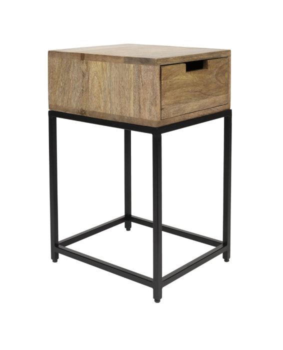 Mesa Auxiliar/Mesita Noche Madera Mango Hierro Natural Negro, 35 Cm