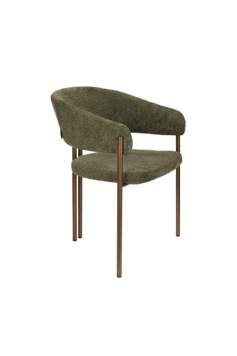 Silla mid-century en madera contrachapada tapizada en tela bouclé verde y estructura de acero bronce.