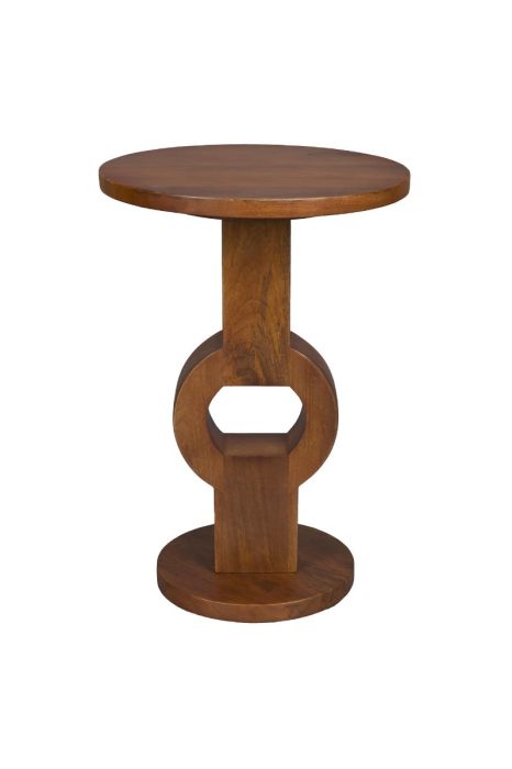 Mesa auxiliar étnica en madera de mango marrón con círculo central.