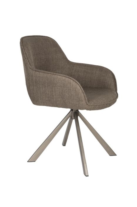Silla moderna tapizada en tejido marrón gris con patas de hierro gris.