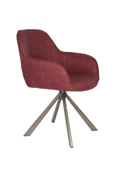 Silla moderna tapizada en tejido rojo con patas de hierro gris.