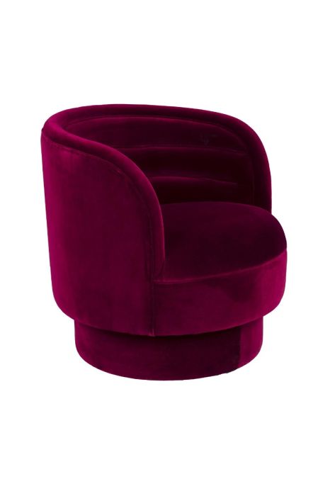 Sillón mid-century en madera de eucalipto tapizado en algodón tipo terciopelo rojo.