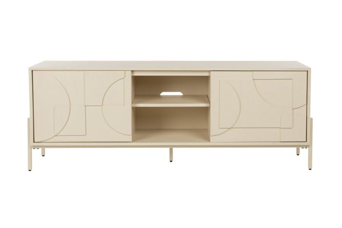 Mueble de TV nórdico 2 puertas en madera de roble y acero beige.