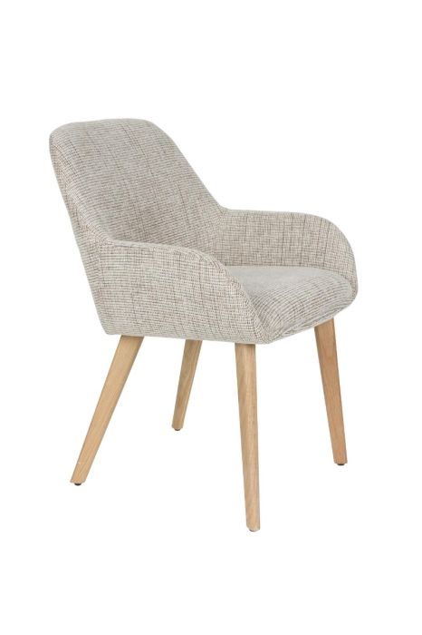 Silla nórdica en mdf marrón tapizado en tejido blanquecino gris.